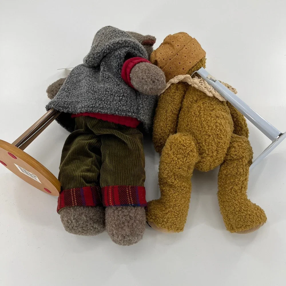 2 Vintage Russ Berrie Jointed Plush Boy Girl‎ Bears Cords Lace Pair Stands 14